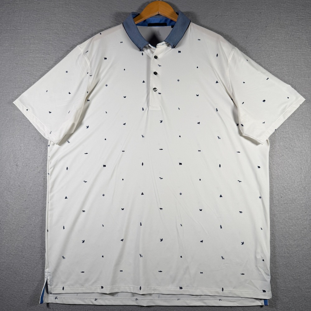 Greyson Men XXL White Navy Animal Print Performance Golf Polo Shirt Short Sleeve